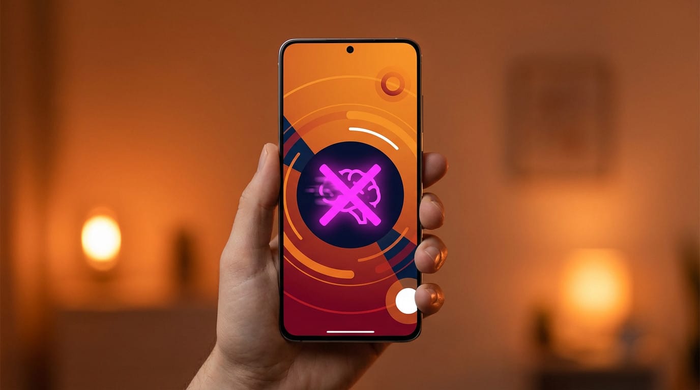 Mano sujetando un moderno smartphone. La pantalla muestra un vivo icono magenta de "desactivar IA" sobre una IU abstracta naranja, con una suave iluminación bicolor.