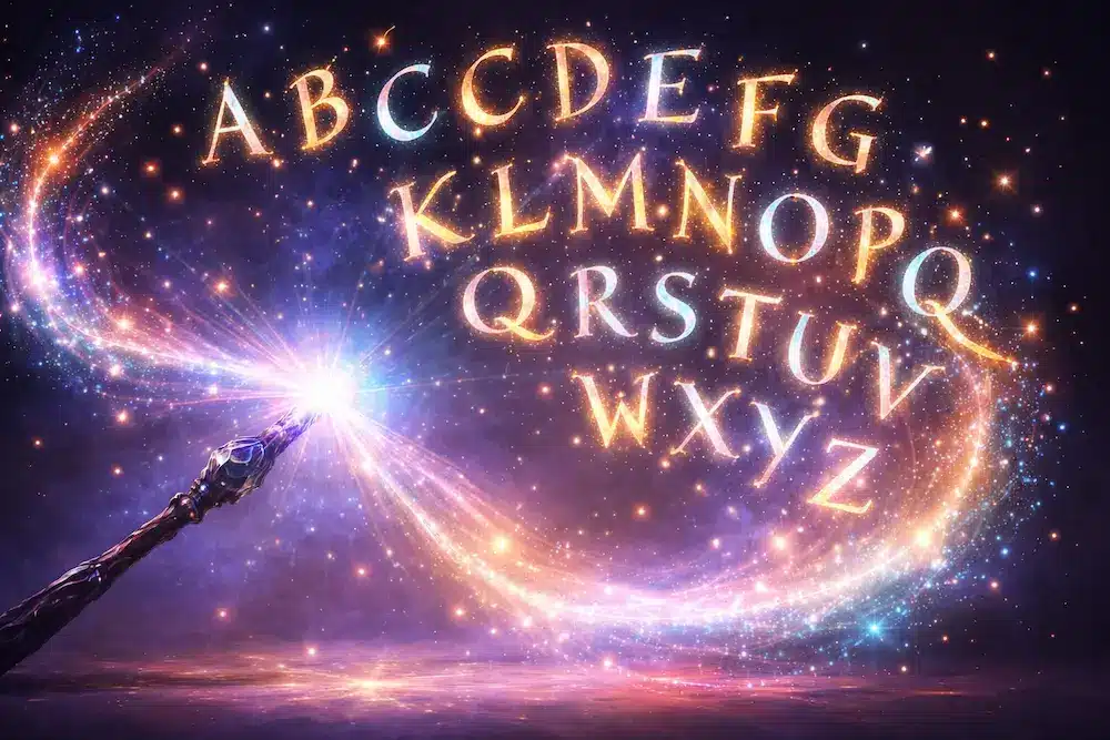 Varita mágica y letras centelleantes