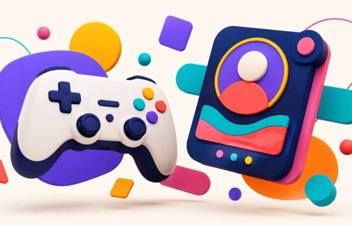 Placa con el nombre de un jugador y mando de videojuegos: ilustración colorida sobre la elección de un nick gamer