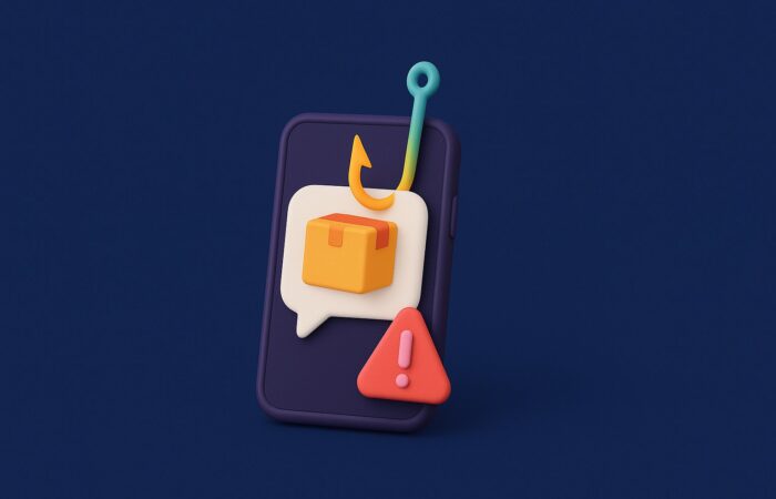 Ilustración de un SMS falso de entrega de paquetes usado para hacer phishing con IA