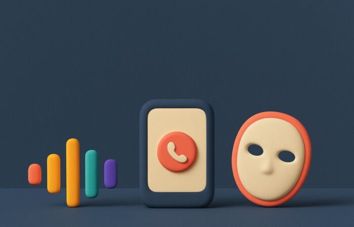 Ilustración 3D de un teléfono con una llamada entrante, una onda sonora de colores y una máscara neutra sobre un fondo azul oscuro