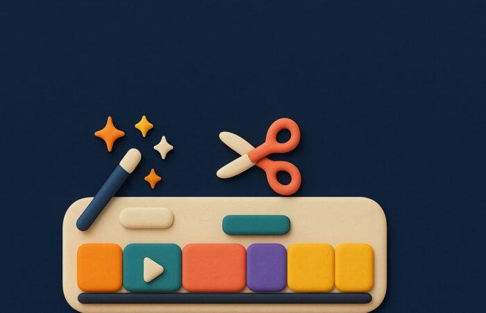 Ilustración 3D de una línea de tiempo de edición de vídeo con IA, clips de colores, tijeras y una varita mágica