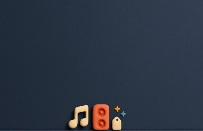 Ilustración 3D de plastilina con una nota musical, un altavoz y una etiqueta de precio sobre un fondo azul oscuro