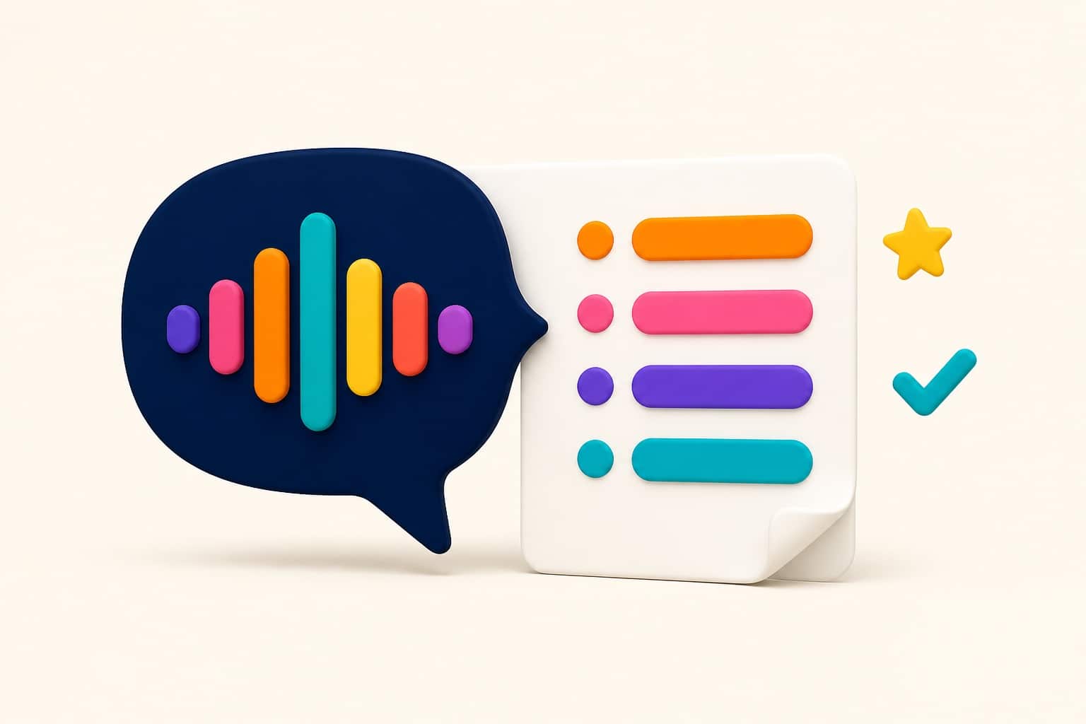 Ilustración 3D: una burbuja de palabra con ondas de audio se convierte en una lista de puntos estructurados en una hoja