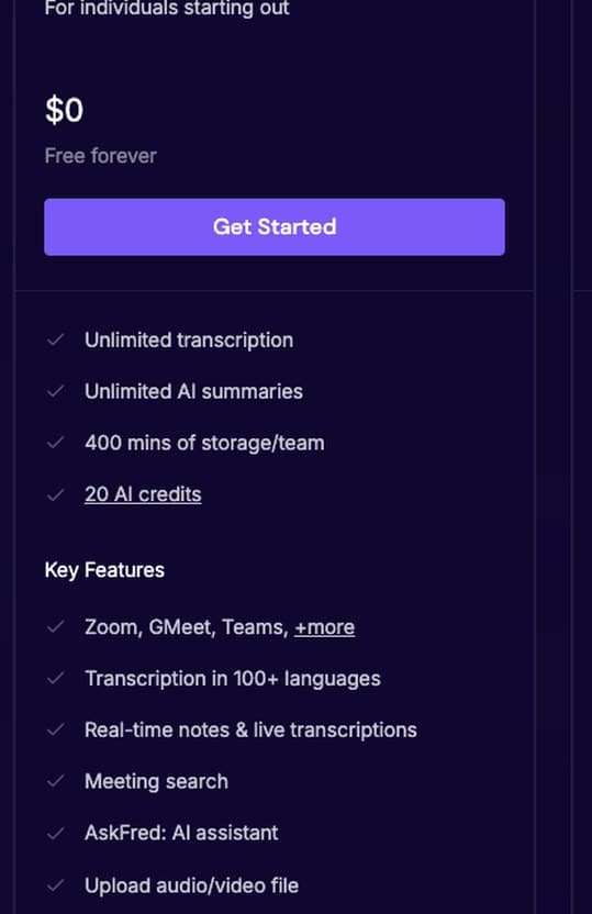 Tarjeta del plan gratuito de Fireflies: transcripción ilimitada, 400 minutos de almacenamiento por equipo y 20 créditos IA