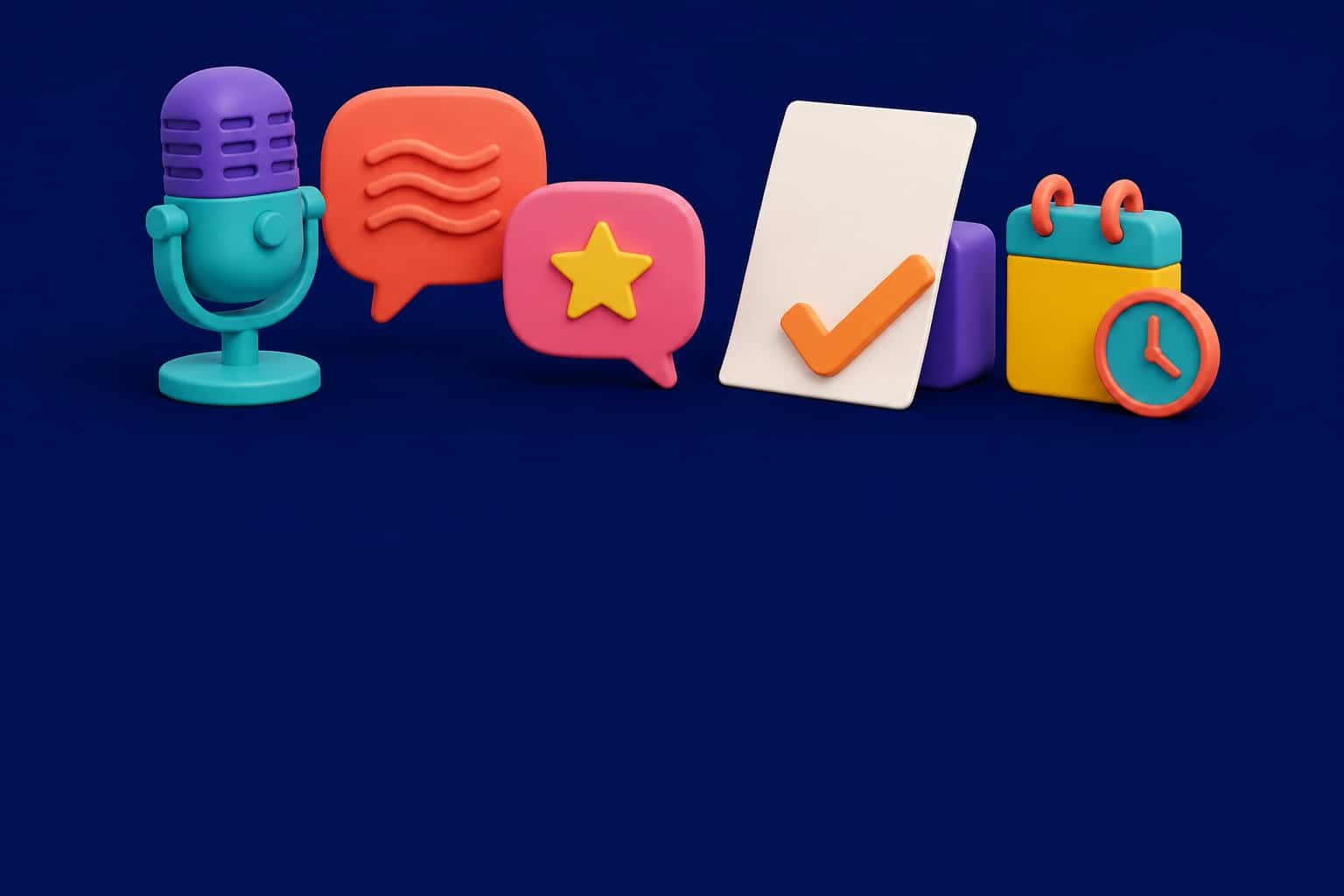 Ilustración 3D: micrófono, burbujas de voz, hoja con marca de verificación y calendario sobre fondo azul marino