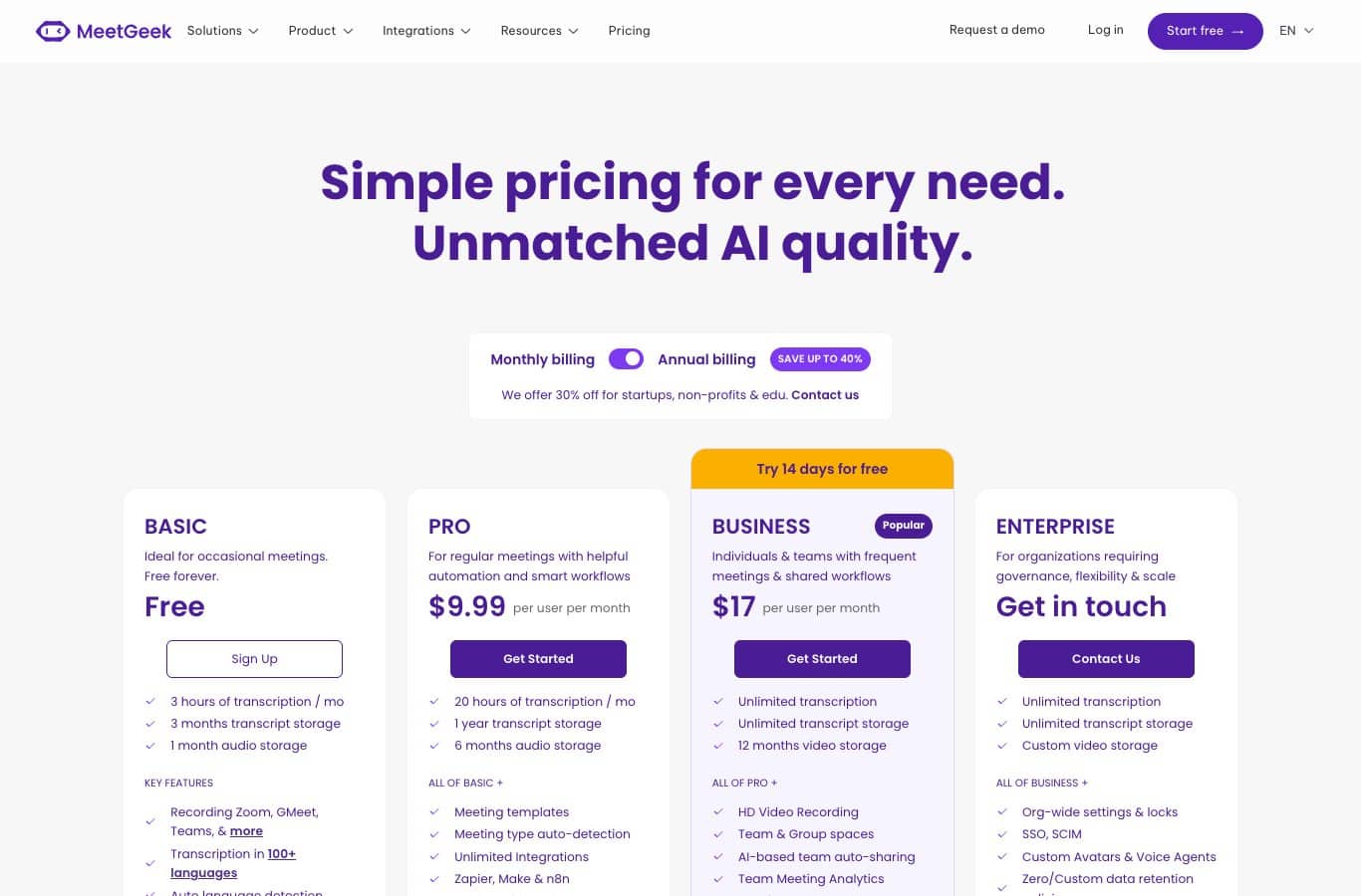 Página de precios de MeetGeek: plan gratuito con 3 horas de transcripción al mes