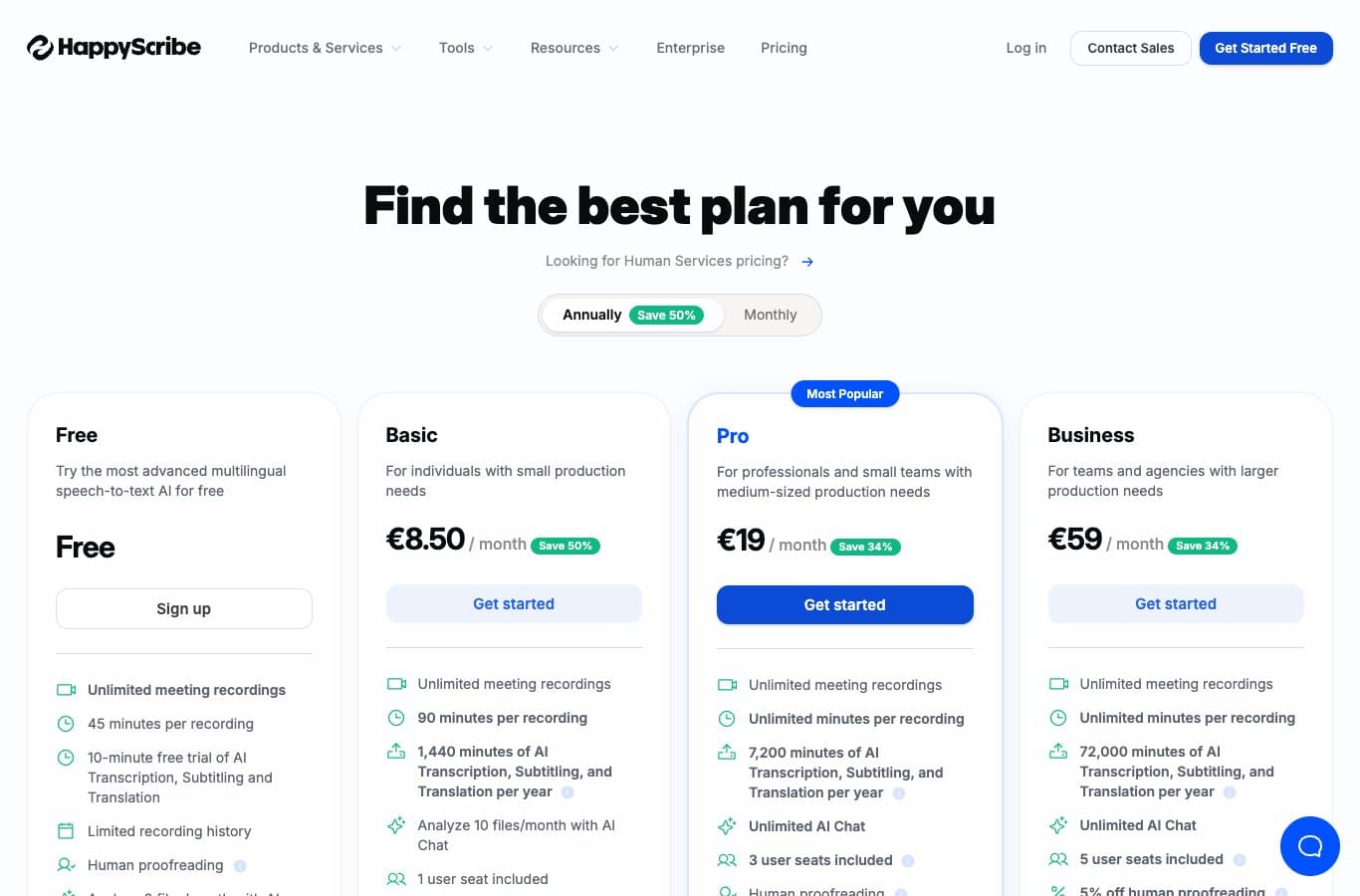 Página de precios de HappyScribe: plan gratuito con grabaciones ilimitadas limitadas a 45 minutos cada una