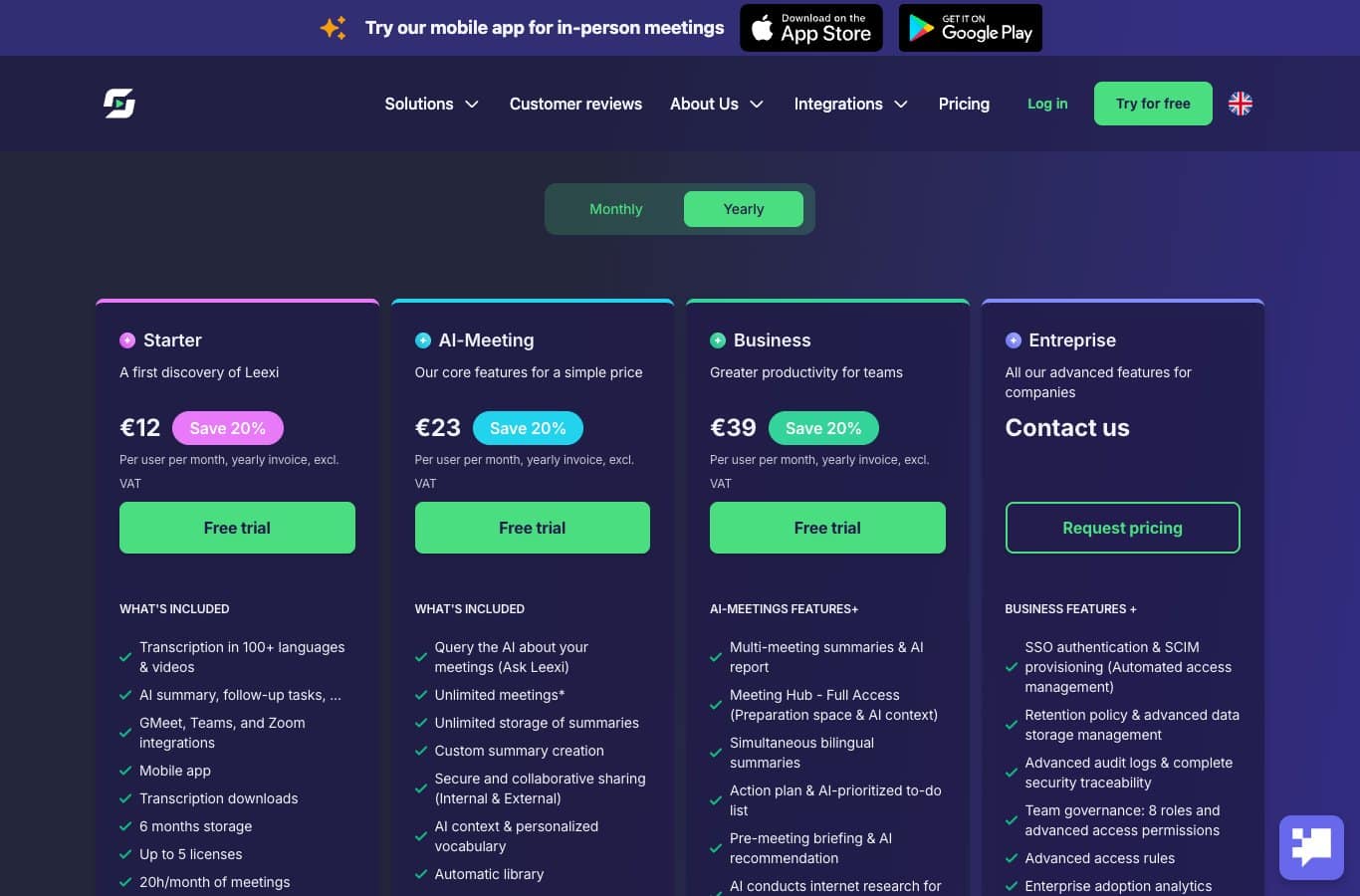 Página de precios de Leexi: ninguna oferta gratuita, tres fórmulas de pago con prueba gratuita