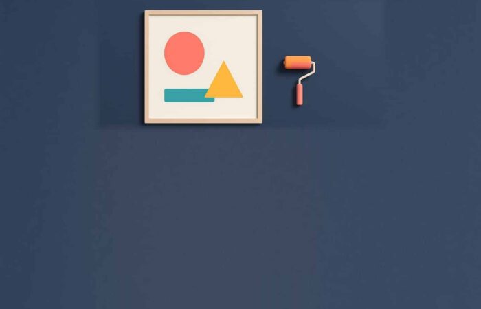 Ilustración plana de un cartel blanco enmarcado con formas de colores sobre una pared azul marino