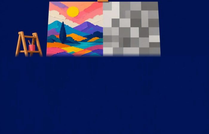 Cuadro sobre un caballete dividido entre una pintura artesanal colorida y texturas generadas, sobre un fondo azul marino