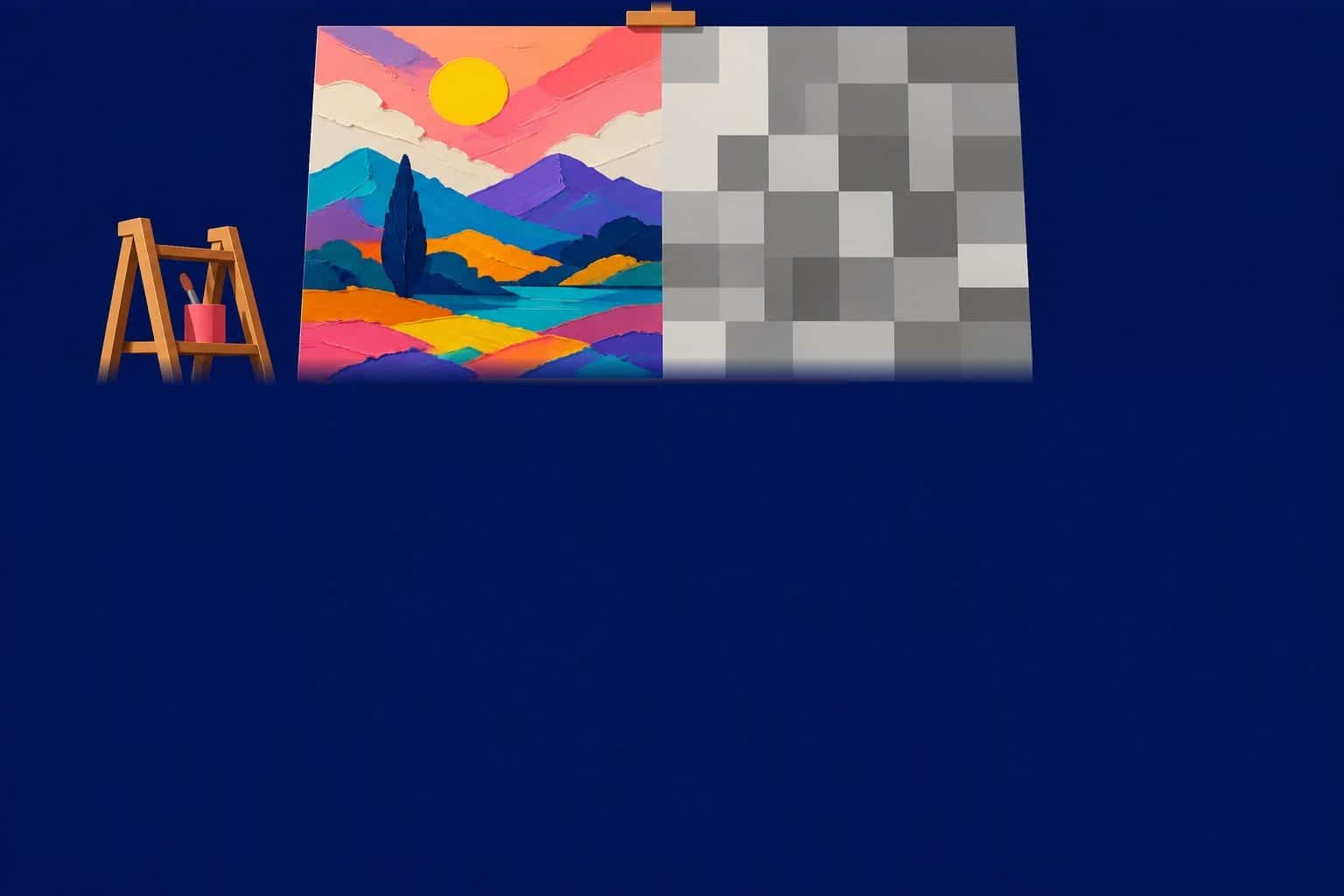 Tableau sur chevalet partagé entre une peinture artisanale colorée et des textures générées, sur fond navy