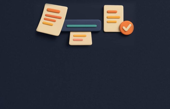 Ilustración 3D de un currículum que entra en un lector y una segunda hoja que sale validada