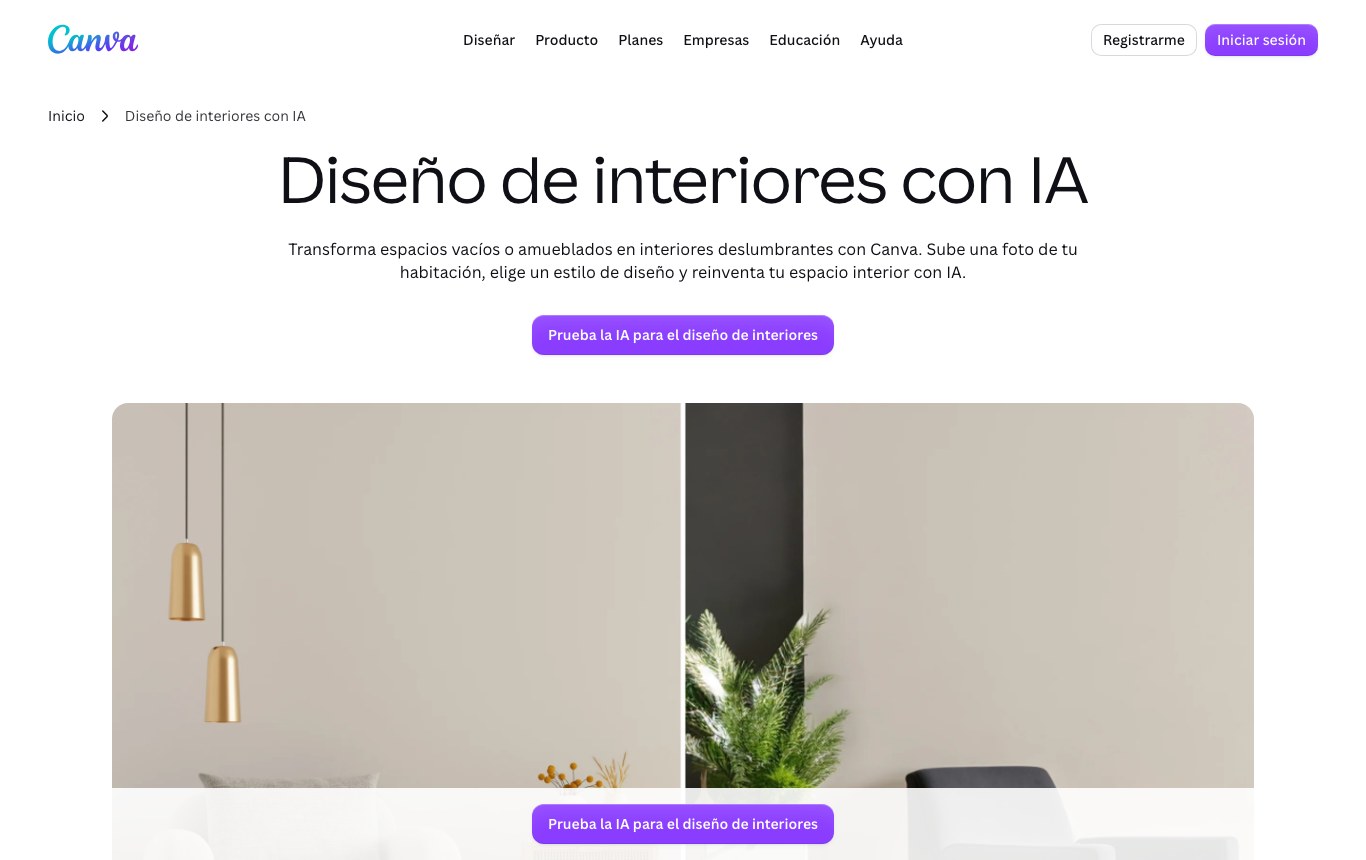 Página Diseño de interiores con IA de Canva: sube una foto de tu habitación y elige un estilo de decoración