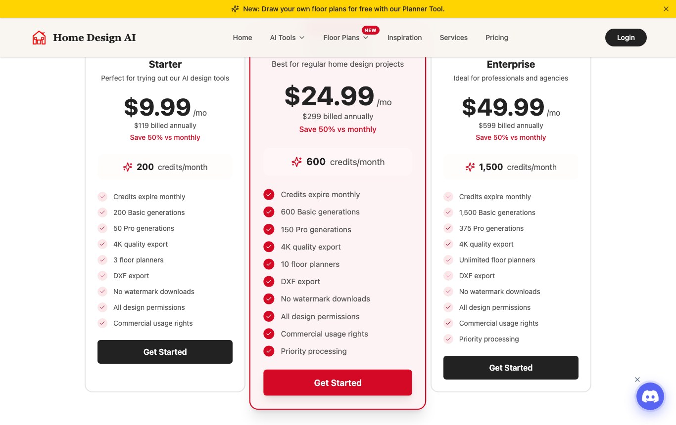 Tabla de precios de Home Design AI: tres planes de pago, ningún plan gratuito, sin marca de agua y uso comercial reservados a los suscriptores