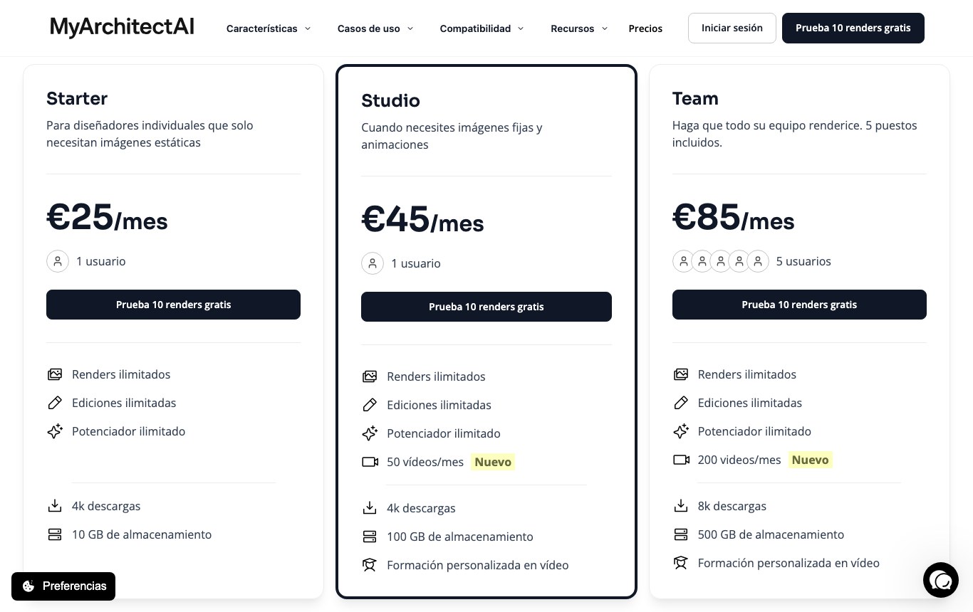 Página de precios de MyArchitectAI: tres suscripciones de 25, 45 y 85 euros al mes con un botón de diez renders gratis