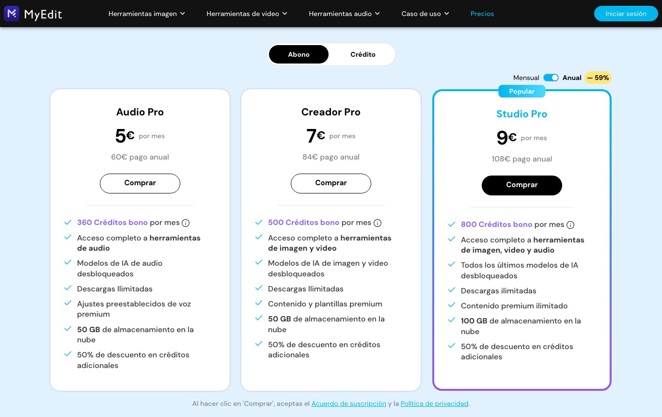 Planes de MyEdit: 3 créditos al día en la cuenta gratuita y suscripciones desde 5 euros al mes