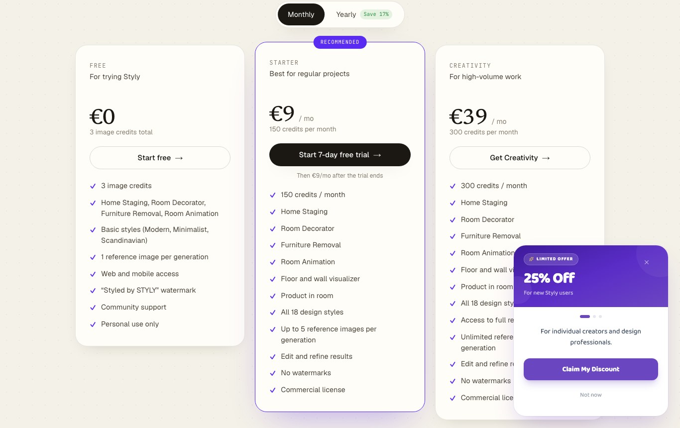 Tabla de precios de Styly: el plan gratuito muestra 3 créditos de imagen en total, marca de agua y uso personal únicamente