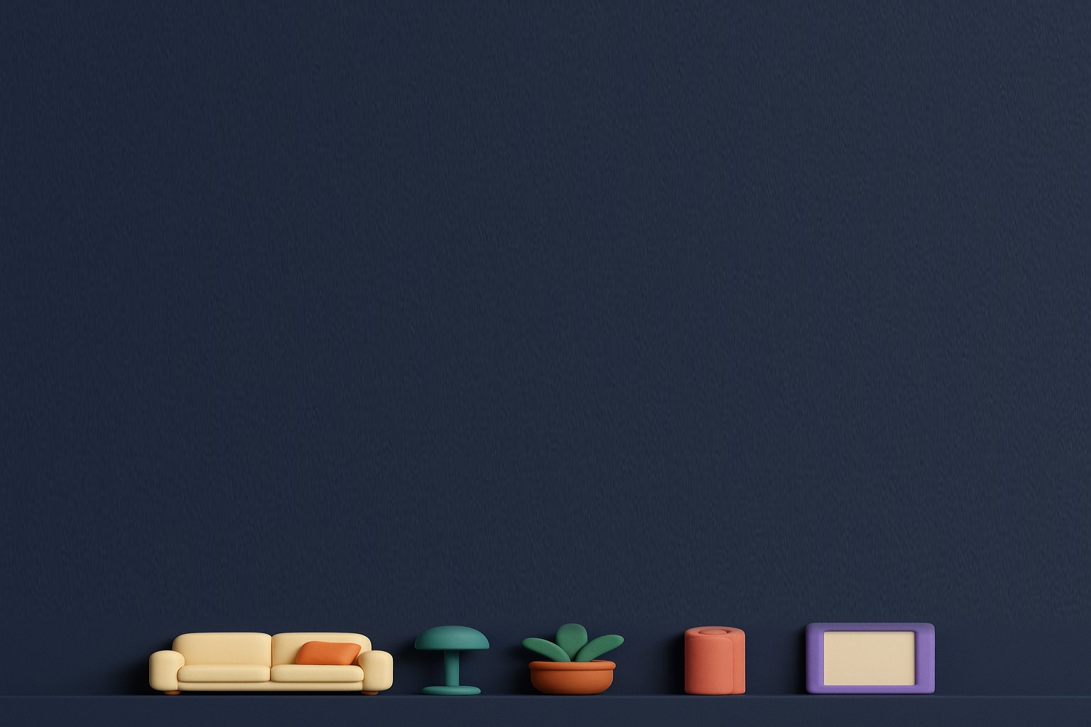 Illustration : mobilier stylise aligne en bas d'un mur bleu nuit, symbole de l'amenagement interieur genere par IA