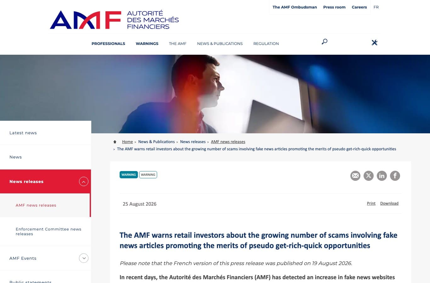 Captura de la alerta de la Autorité des marchés financiers contra los falsos artículos de prensa que promocionan una plataforma de trading fraudulenta