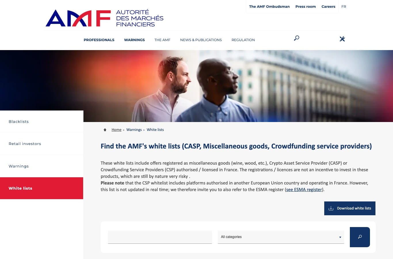 Captura de la página de listas blancas de la AMF, donde verificar los prestadores autorizados para los servicios sobre criptoactivos