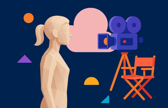 Silueta de actriz virtual frente a una cámara de cine
