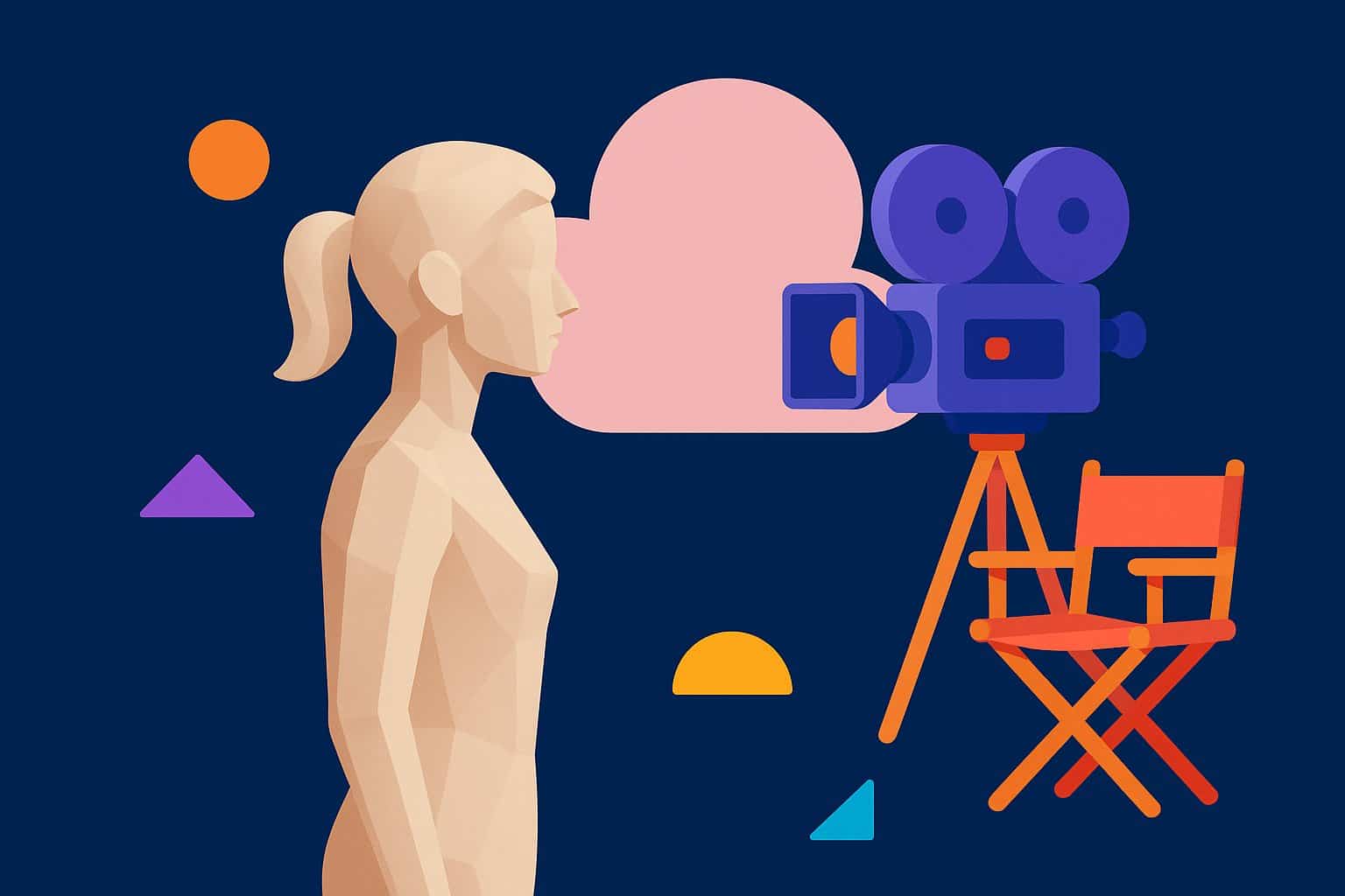 Silueta de actriz virtual frente a una cámara de cine