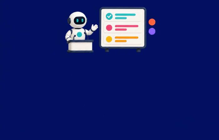 Ilustración 3D de un robot que presenta diapositivas generadas por IA en una pantalla grande, sobre un fondo azul marino