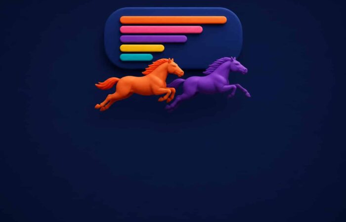 Ilustración 3D de dos caballos de carreras estilizados ante un panel de barras de datos de colores, sobre un fondo azul marino