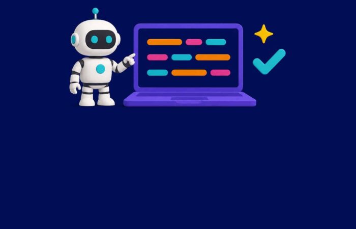 Robot de IA de Nation junto a un portátil con líneas de código de colores: ilustración sobre la mejor IA para programar en 2026