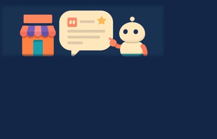 Ilustración de una tienda de marca citada en la respuesta de un motor de IA, robot asistente y burbuja de conversación sobre fondo azul marino