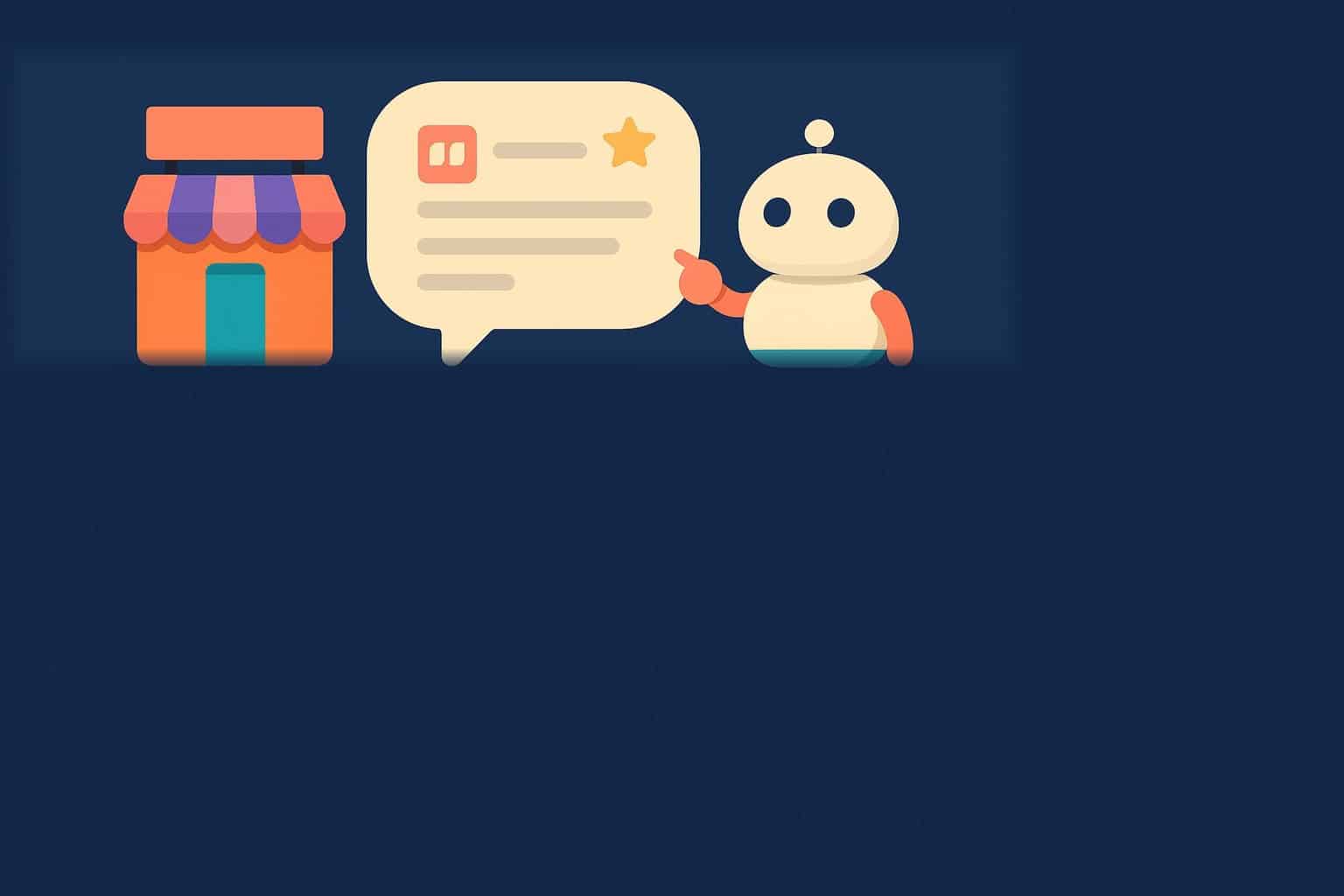 Ilustración de una tienda de marca citada en la respuesta de un motor de IA, robot asistente y burbuja de conversación sobre fondo azul marino