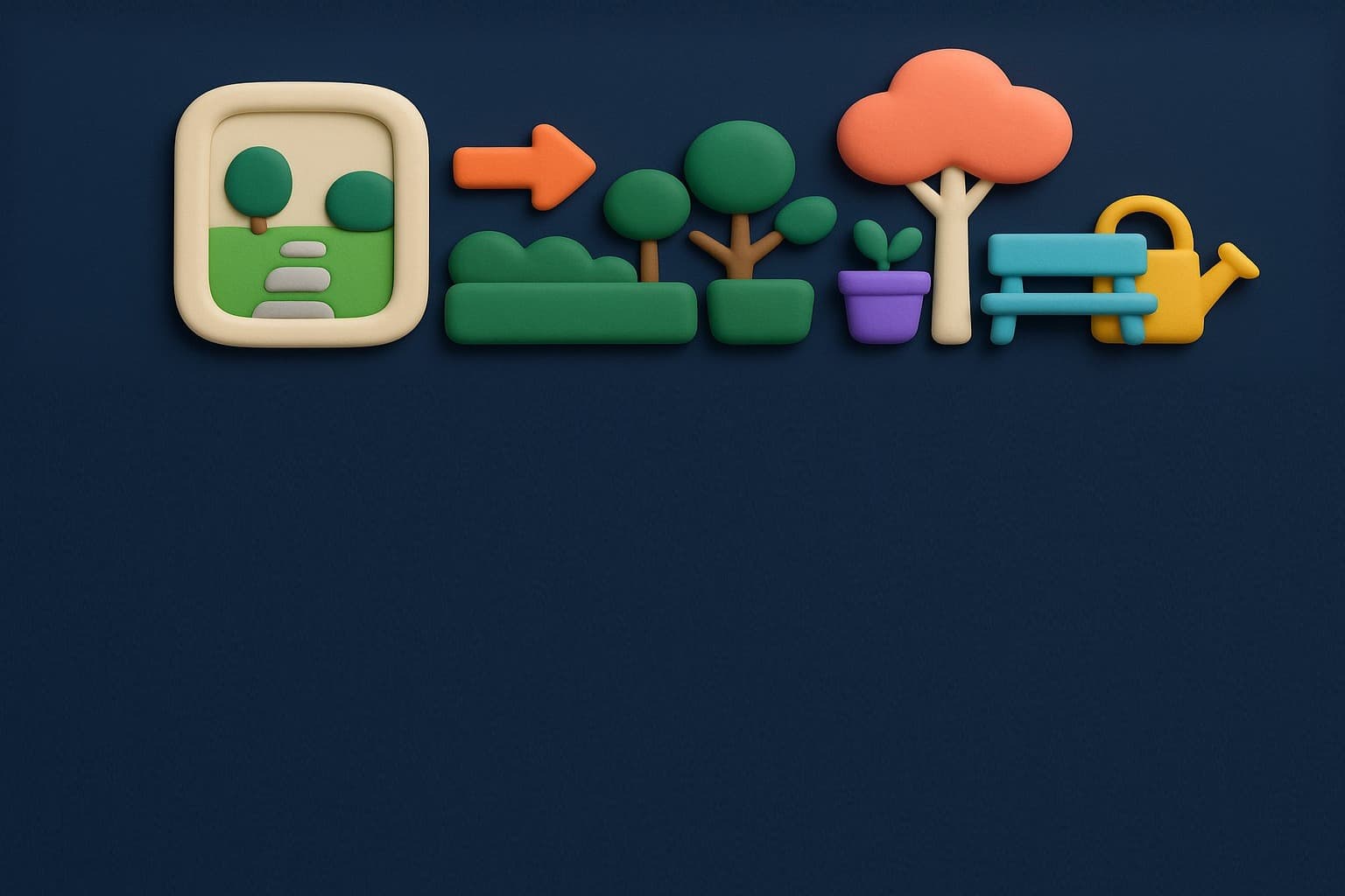 Illustration 3D en pâte à modeler : une photo de jardin transformée en aménagement avec haie, arbre, banc et arrosoir