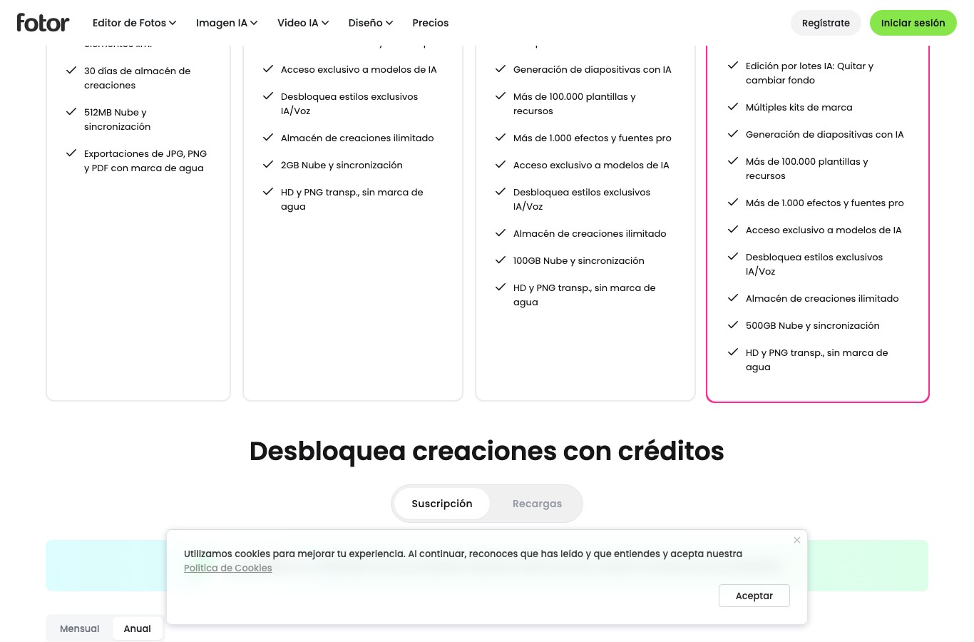 Columna Basic de Fotor: treinta días de almacén de creaciones y exportaciones JPG, PNG y PDF con marca de agua