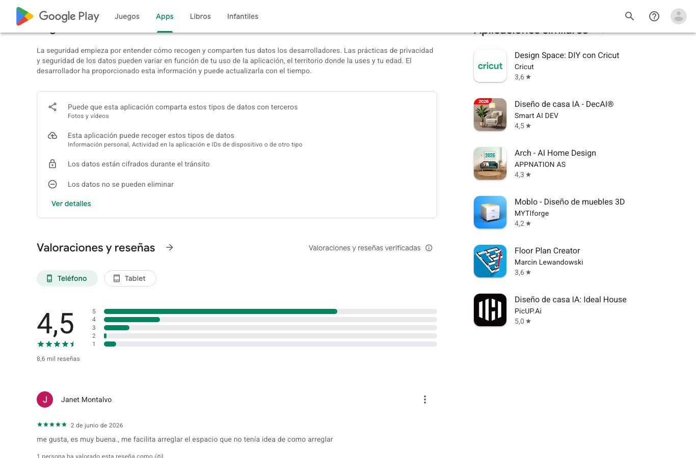 Tarjeta Seguridad de los datos de la ficha de Google Play de Garden AI, que indica una posible compartición de fotos y vídeos con terceros