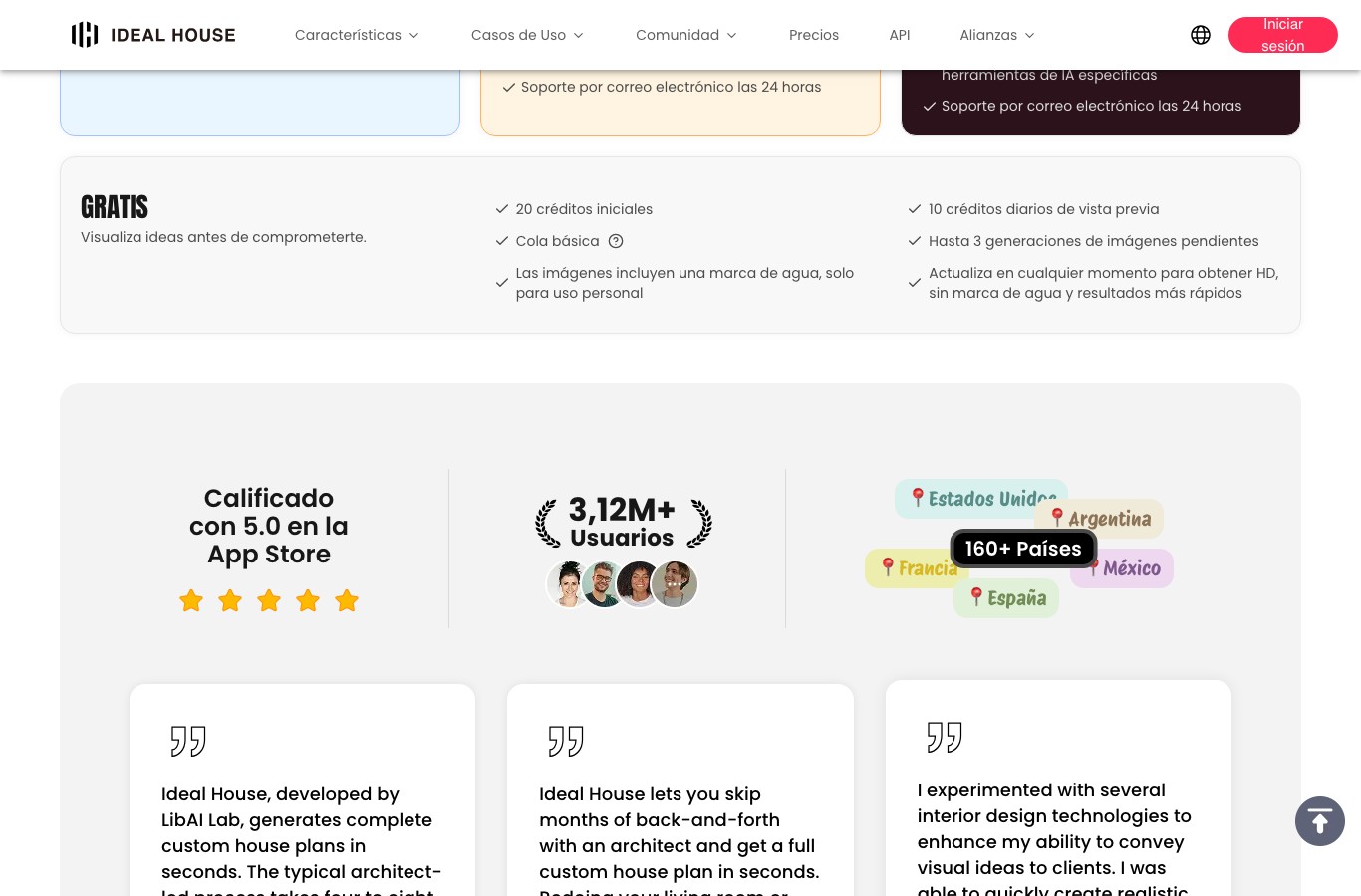 Bloque gratuito de Ideal House: 20 créditos iniciales, 10 créditos diarios de vista previa, imágenes con marca de agua y solo para uso personal