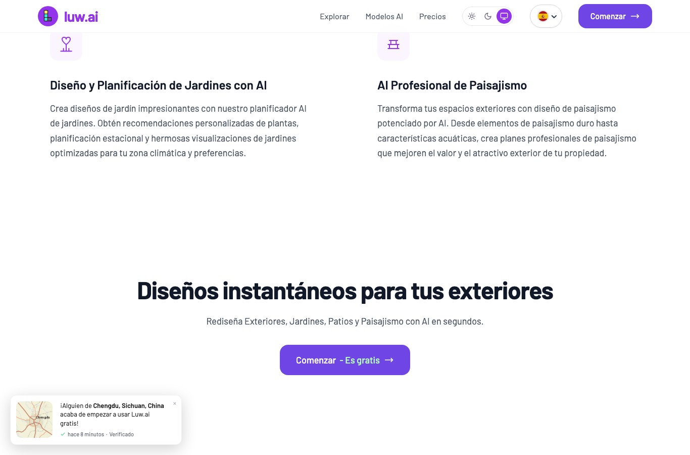 Página de Luw.ai que promete recomendaciones personalizadas de plantas y visualizaciones optimizadas para tu zona climática