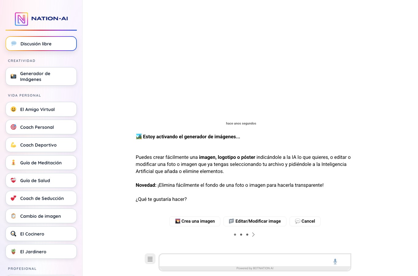 Interfaz de Nation AI que propone crear una imagen o modificar una foto existente, con un asistente El Jardinero en el menú