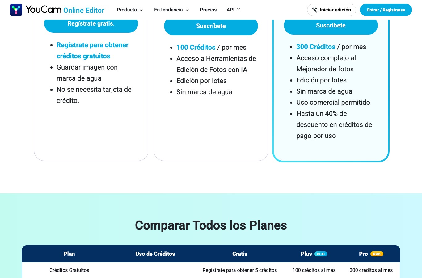 Tarifas de YouCam: el plan gratuito guarda la imagen con marca de agua y el uso comercial queda reservado al plan Pro