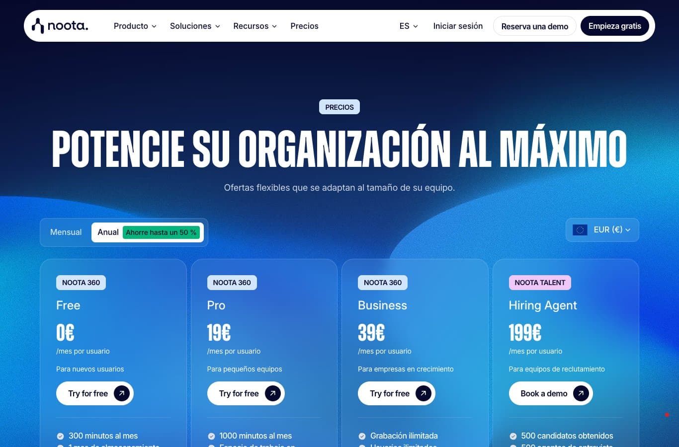 Página de precios de Noota: plan gratuito a 0 euros con 300 minutos al mes