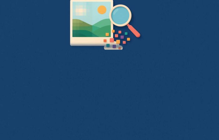 Ilustración de una imagen cuya calidad mejora con IA: una foto borrosa y pixelada se vuelve nítida, con una lupa y píxeles multicolores sobre fondo azul marino