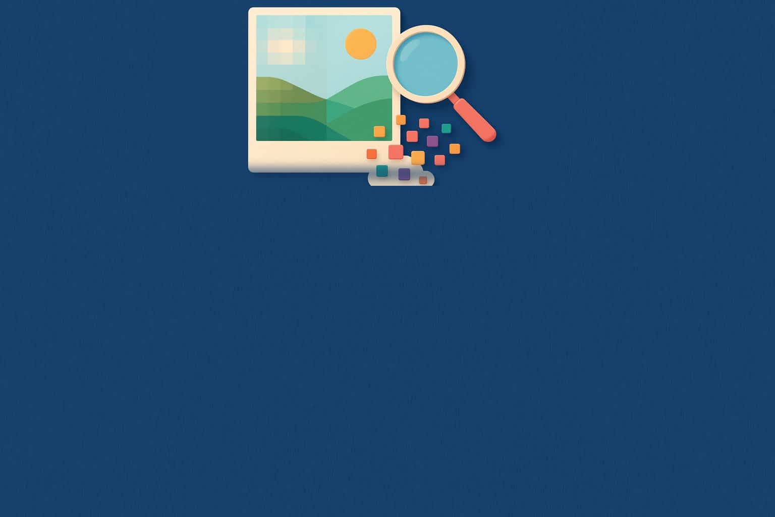 Ilustración de una imagen cuya calidad mejora con IA: una foto borrosa y pixelada se vuelve nítida, con una lupa y píxeles multicolores sobre fondo azul marino