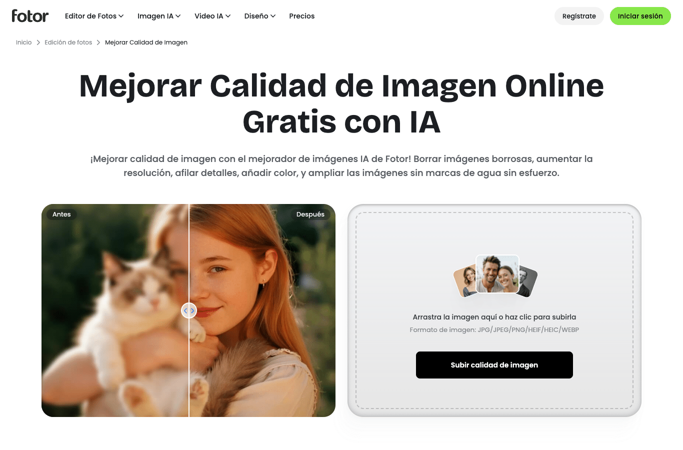 Página Fotor en español: mejorador de calidad de imagen IA, promesa de ampliación 2X o 4X sin perder calidad y sin marcas de agua