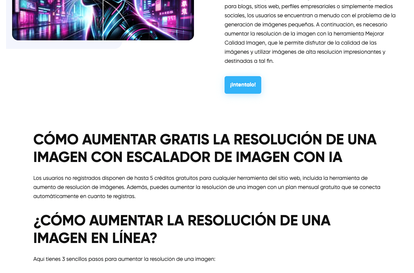 Página Image Upscaler en español: factores de ampliación de 2x a 8x, consejos y advertencia de que el aumento de escala no hace milagros