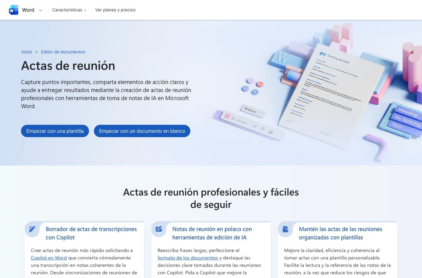 Página oficial de Microsoft Word: herramienta gratuita de creación de actas de reunión
