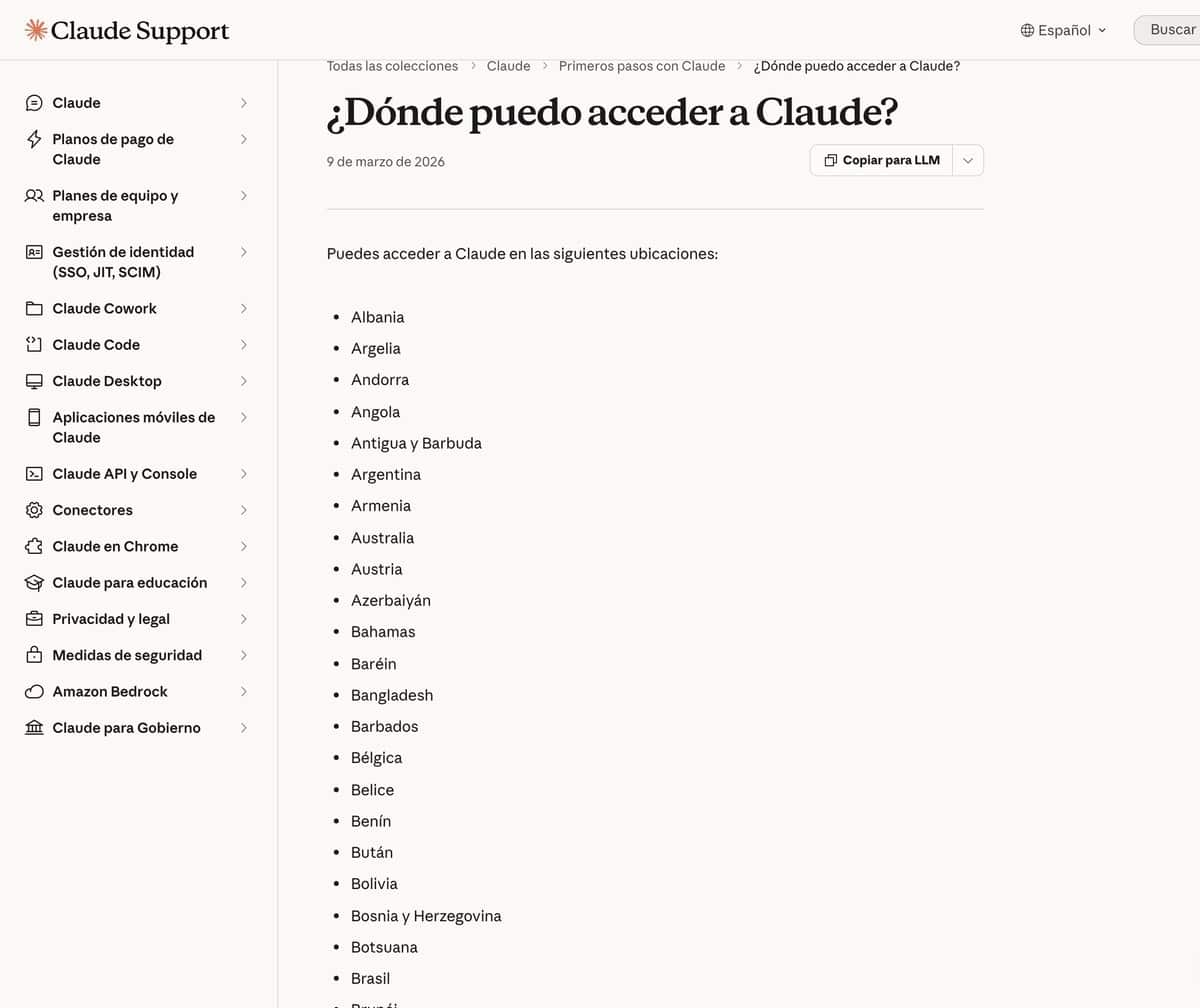 Página de ayuda oficial de Anthropic que lista los países donde se puede acceder a Claude, actualizada el 9 de marzo de 2026