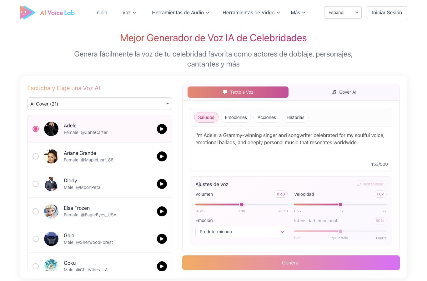 Capture de AI Voice Lab : generador de voz IA de celebridades con voces de Adele, Ariana Grande o Elsa