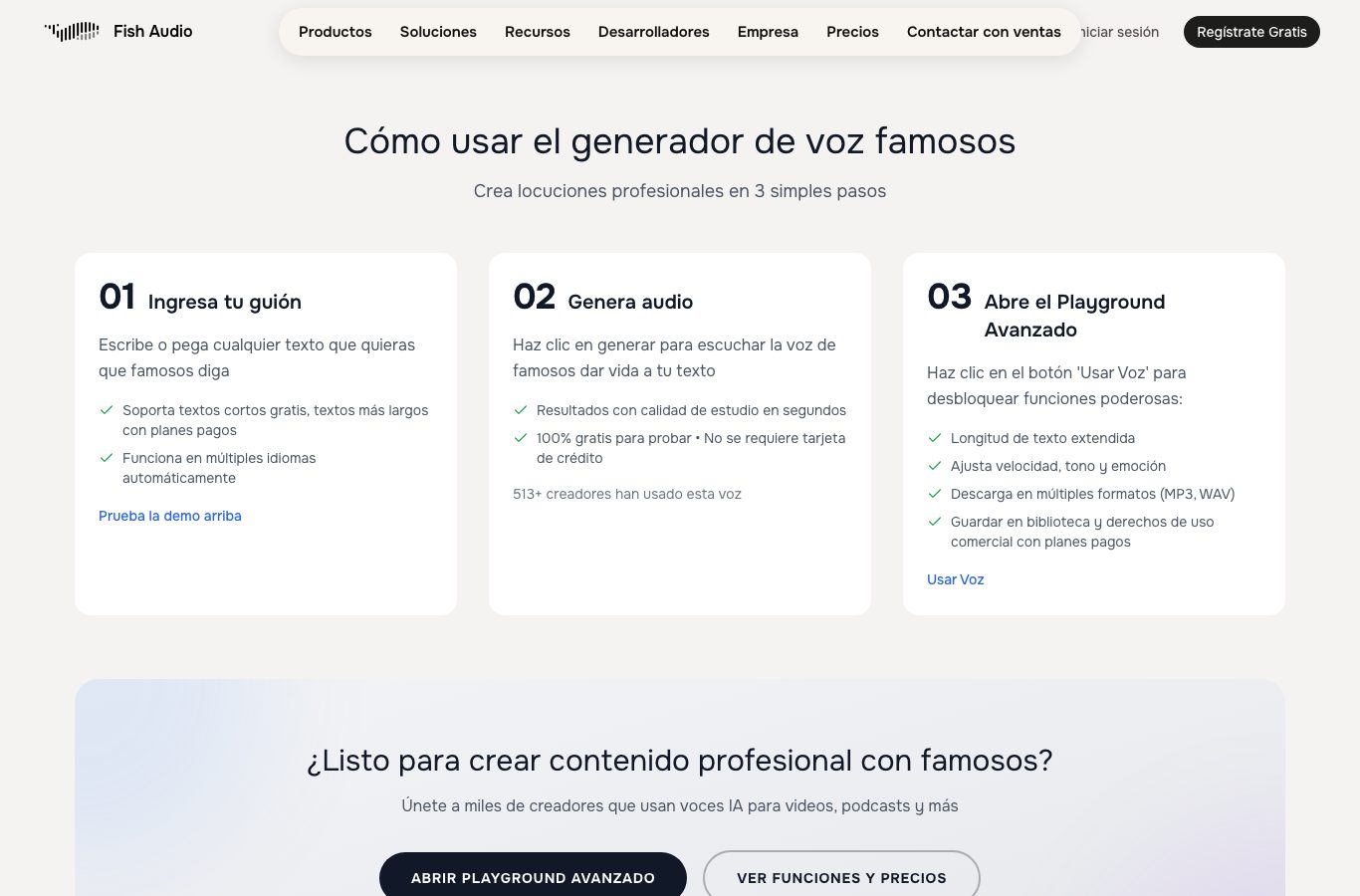 Capture del generador de voz famosos de Fish Audio en español : 100 % gratis para probar, sin tarjeta
