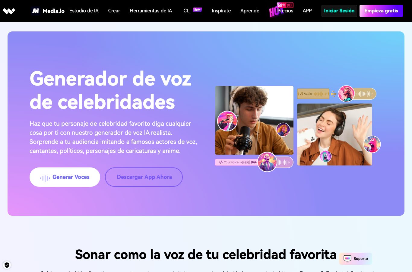Capture del generador de voz de celebridades de Media.io en español