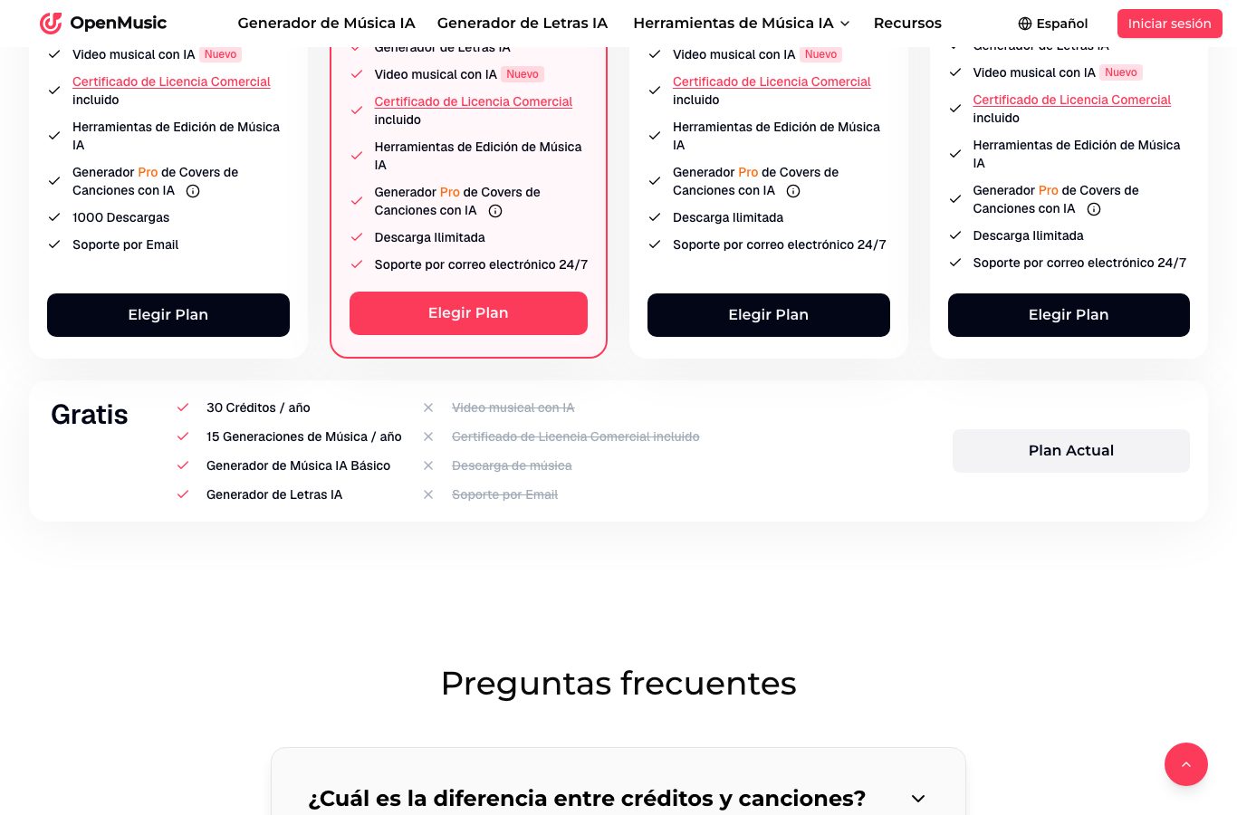 Capture de la cuadrícula de OpenMusic : plan gratis de 30 créditos al año con la licencia comercial tachada